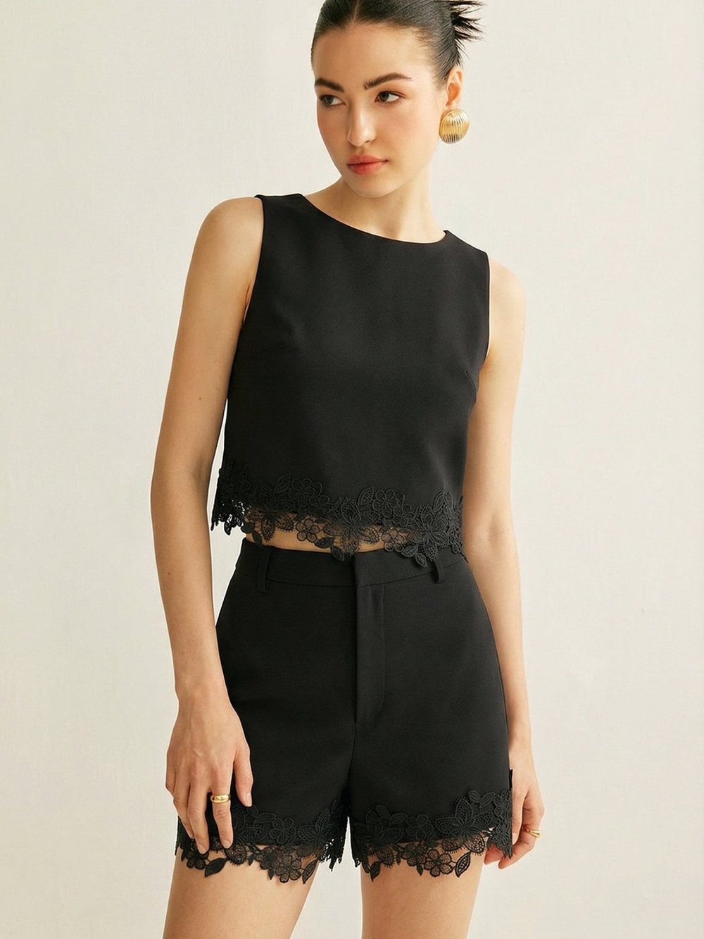 Commense Sleeveless Black Lace-Hem Crop Top and short set